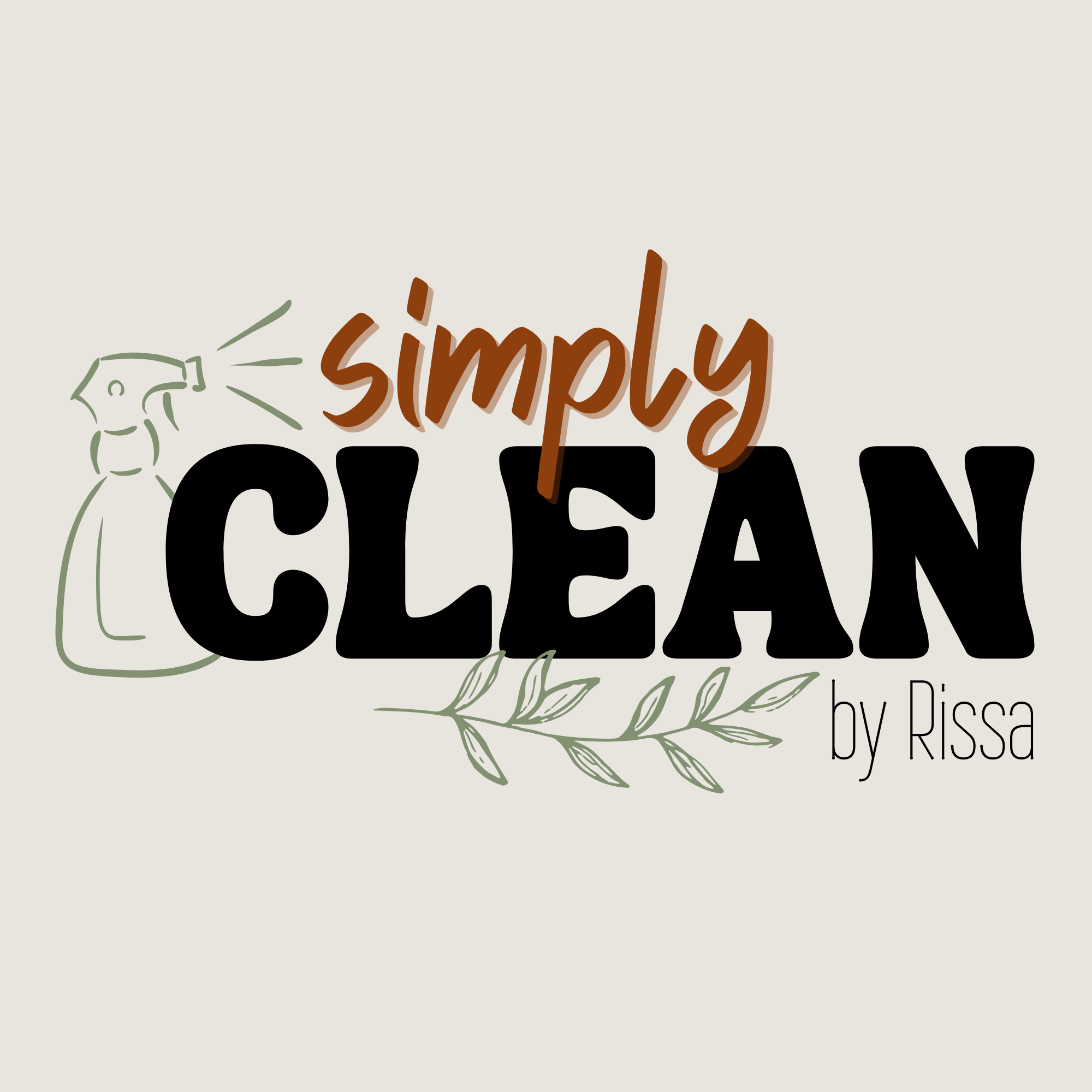 Simply Clean by Rissa logo design created by Seven4 Marketing, featuring a spray bottle illustration, bold lettering, and natural leaf accents for a modern cleaning business brand.