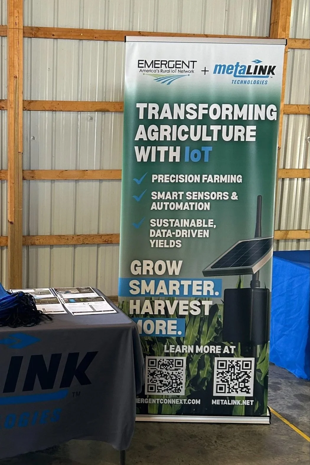 Trade show banner designed for MetaLINK Technologies showcasing agriculture IoT solutions, featuring messaging on precision farming, smart sensors, automation, and sustainable data-driven yields.