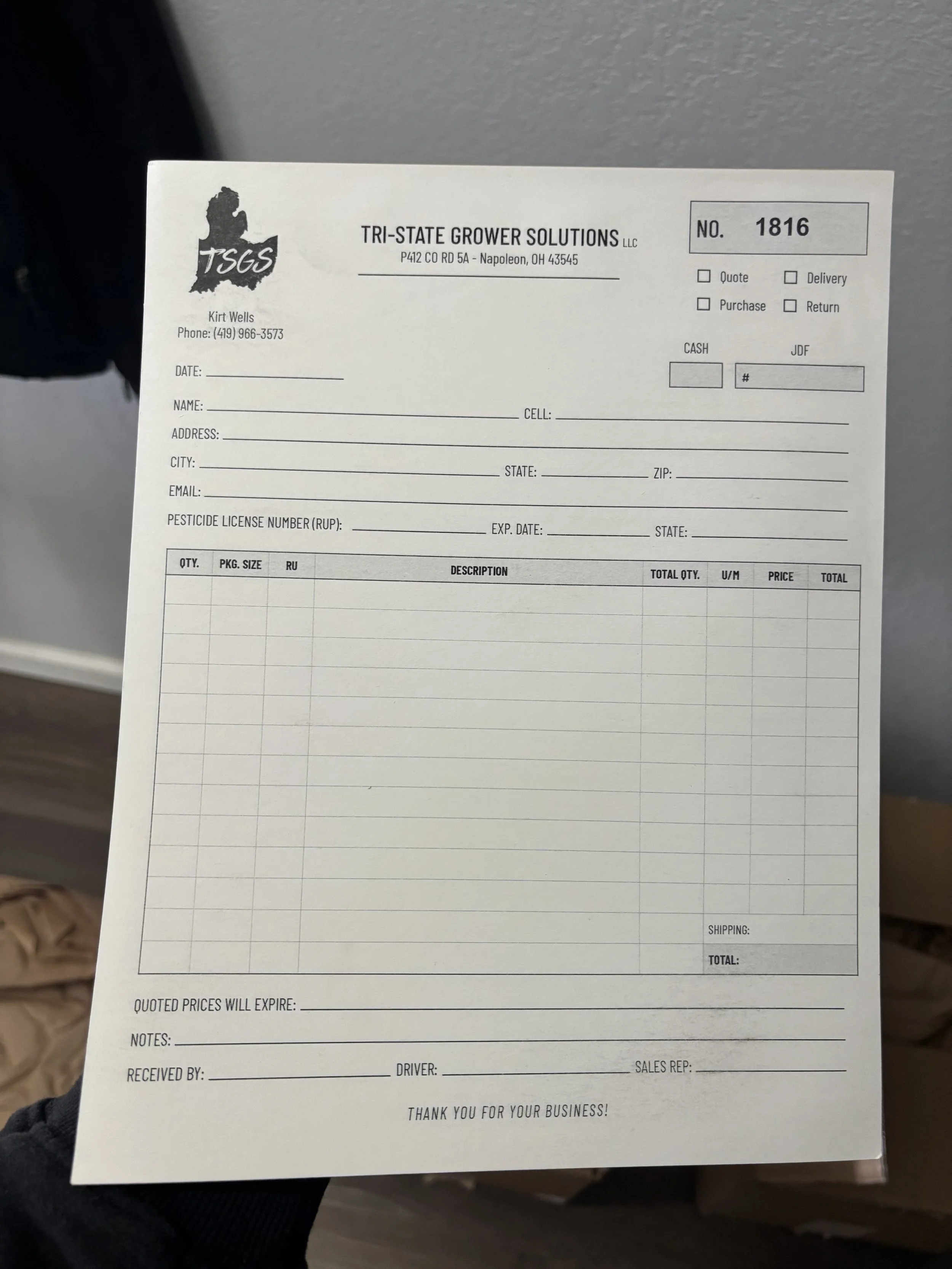 Printed invoice and order form design for Tri-State Grower Solutions agricultural business