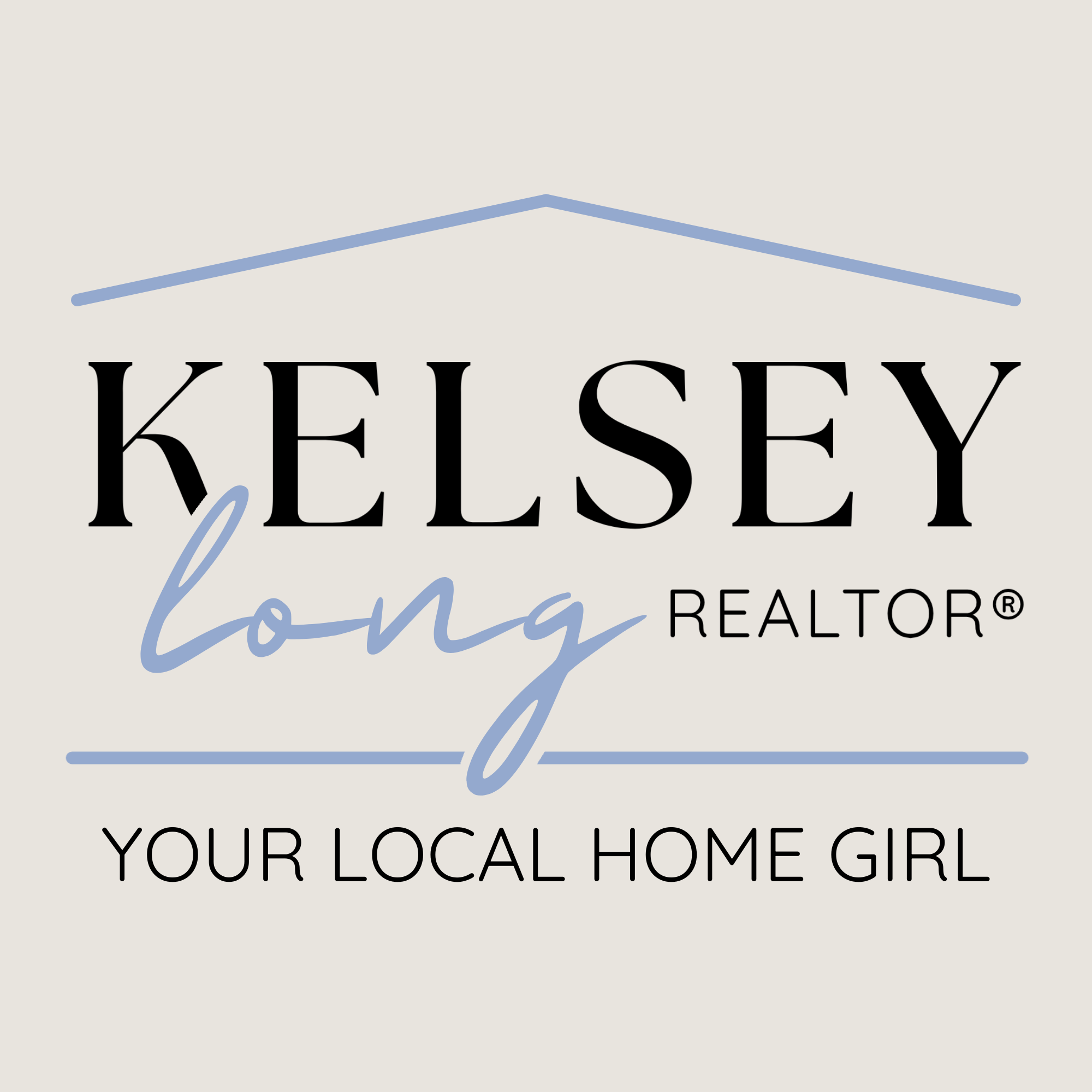 Kelsey Long Realtor logo with tagline Your Local Home Girl on light beige background