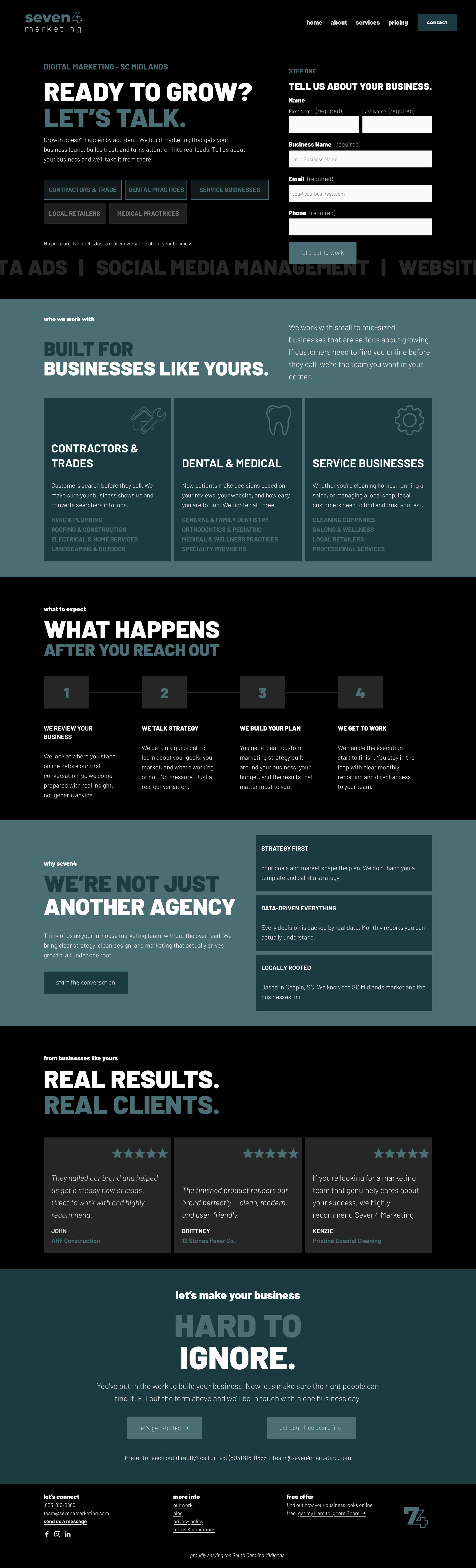 Lead generation landing page design by Seven4 Marketing featuring contact form, service sections, client testimonials, and conversion-focused layout for small businesses