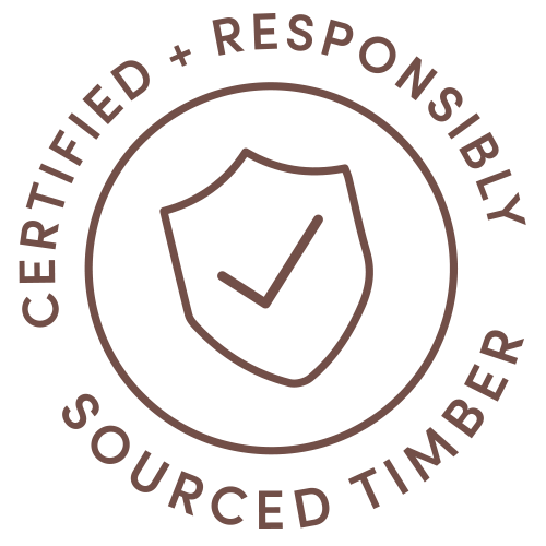 Certified and responsibly sourced timber badge with shield and check mark