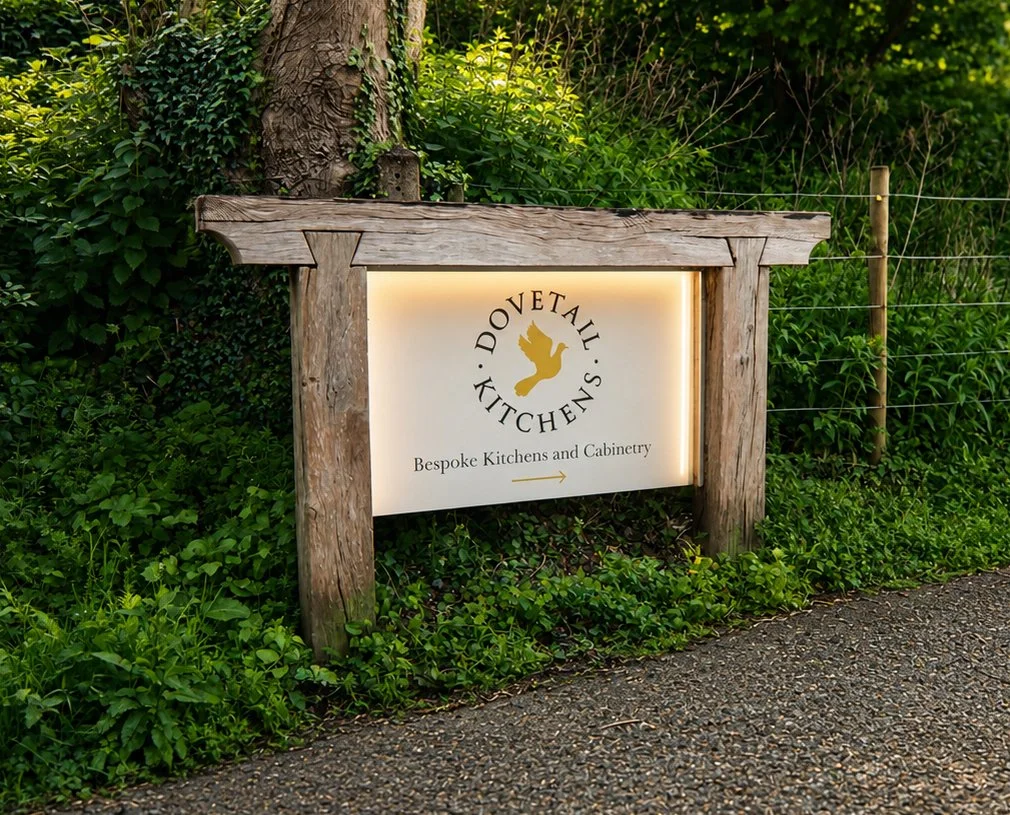 A wooden sign with a white background and lit panel displays the logo of Donetali Kitchens, featuring a golden bird silhouette. The sign reads 'Bespoke Kitchens and Cabinetry' with an arrow pointing right, set amidst green foliage and trees.