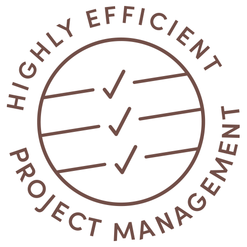 A circular badge with three check marks and the words 'Highly Efficient Project Management' around it.