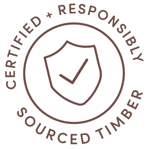 Seal with a shield and checkmark, surrounded by the words "Certified + Responsibly Sourced Timber".