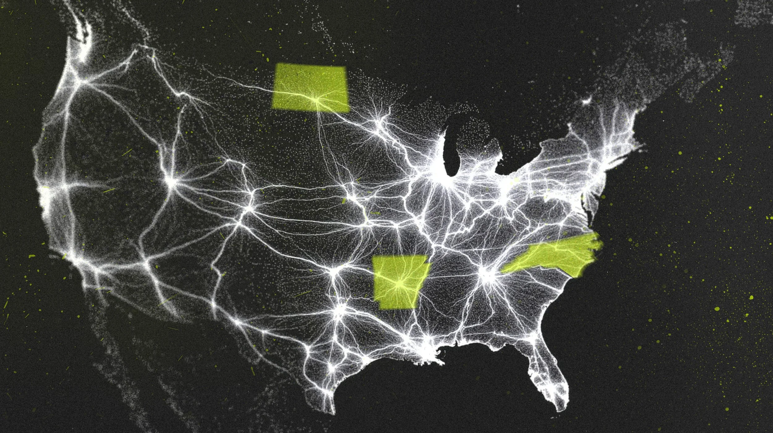 A digital map of the United States with interconnected white lines and dots representing network connections, with four yellow highlighted regions.