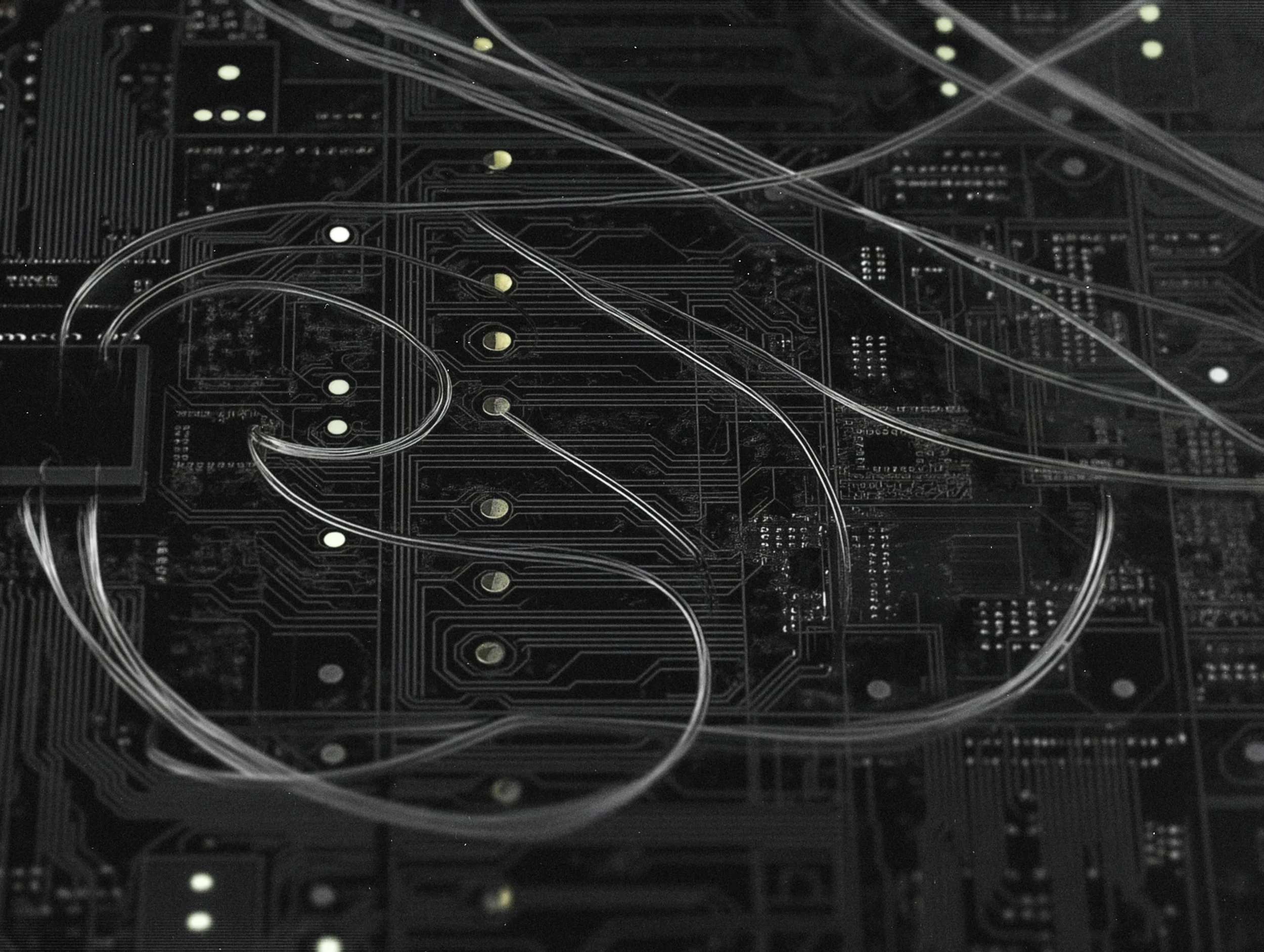 Close-up of a black printed circuit board with intricate silver wiring and small yellow and white components.