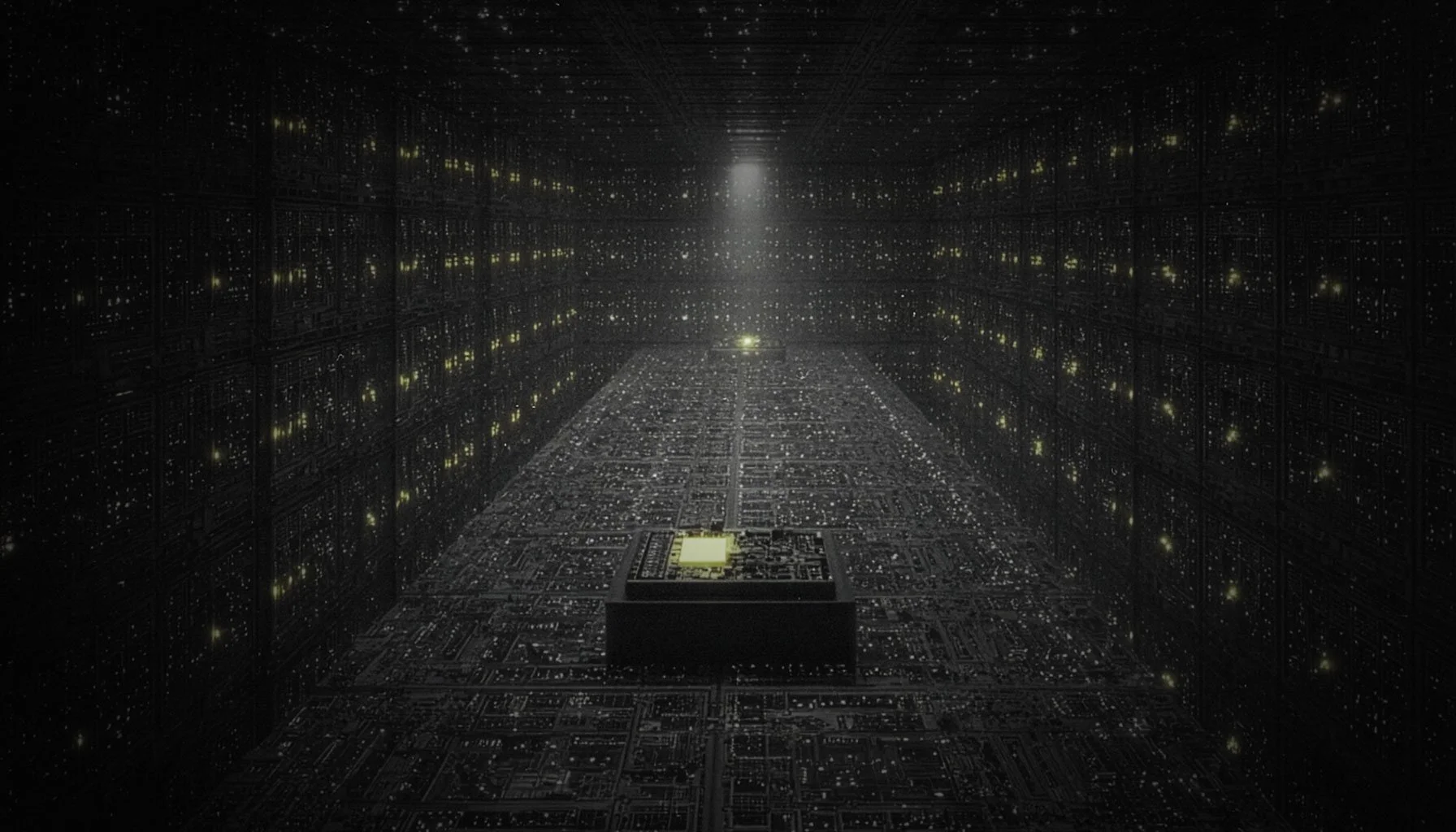 A futuristic, digital tower with grid-like structure floating in space, illuminated by small yellow lights, with a bright light shining from above.