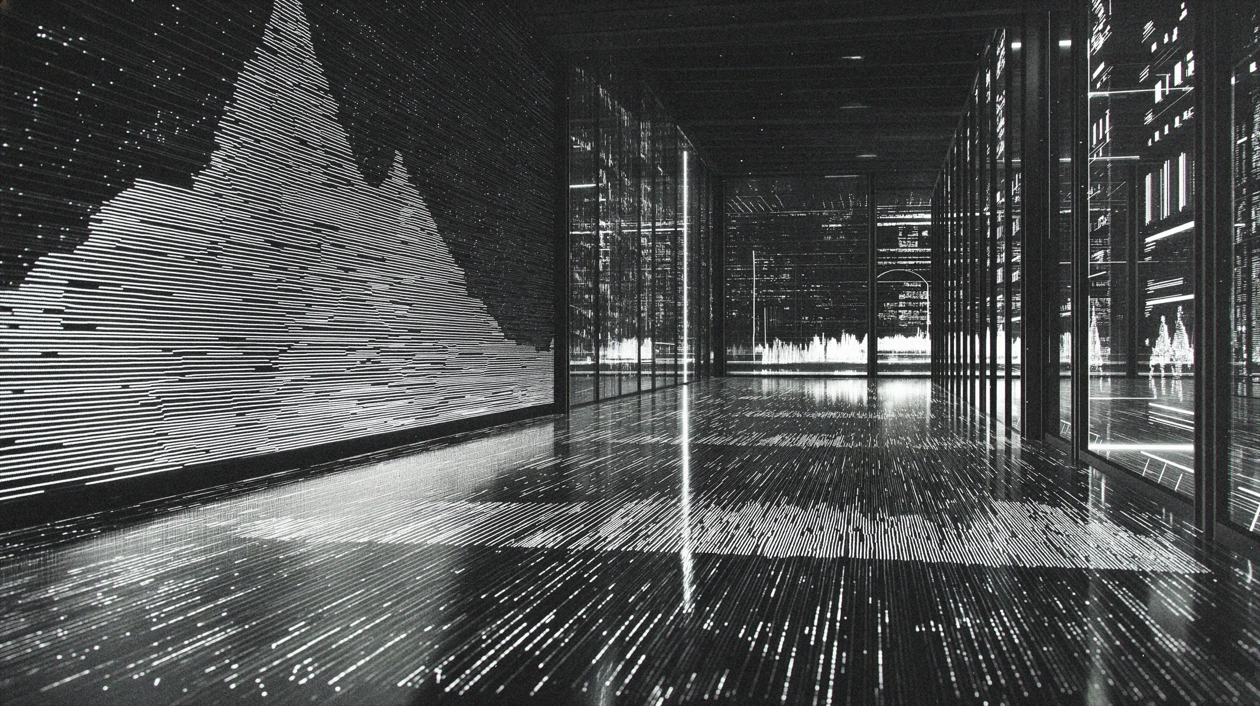 An indoor digital art installation featuring a wall of horizontal lines creating a mountain landscape, with reflective glass walls and illuminated lines on the floor and around the space, giving a futuristic, high-tech atmosphere.