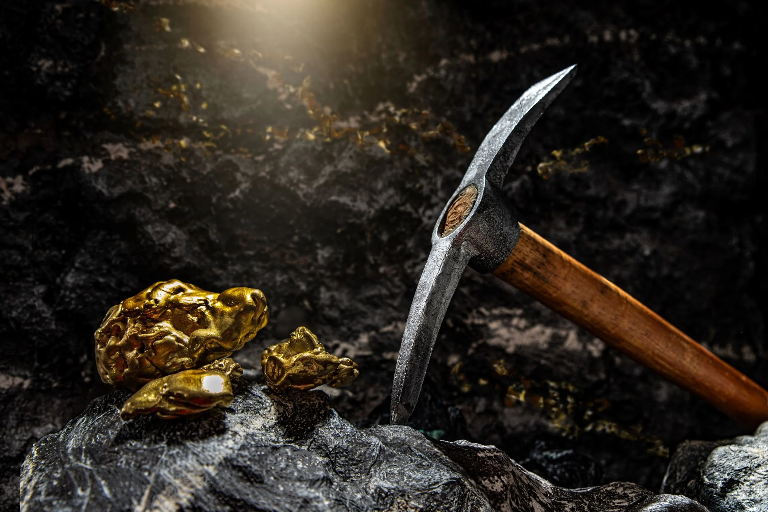A pickaxe striking a rock to reveal gold nuggets, illustrating the Good as Gold promise to "Turn Your Data into a Goldmine of Opportunity."