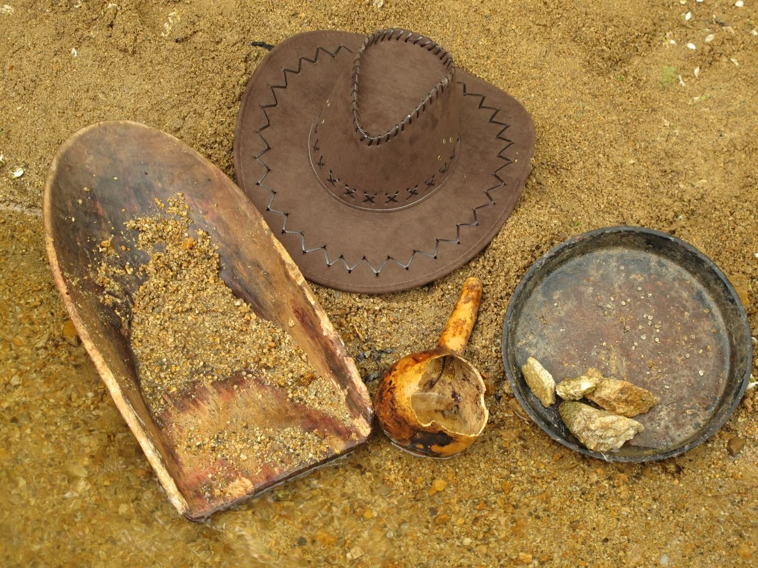 A gold panning kit, including a pan and cowboy hat, representing the process of sifting through data for operational intelligence and profitability insights.