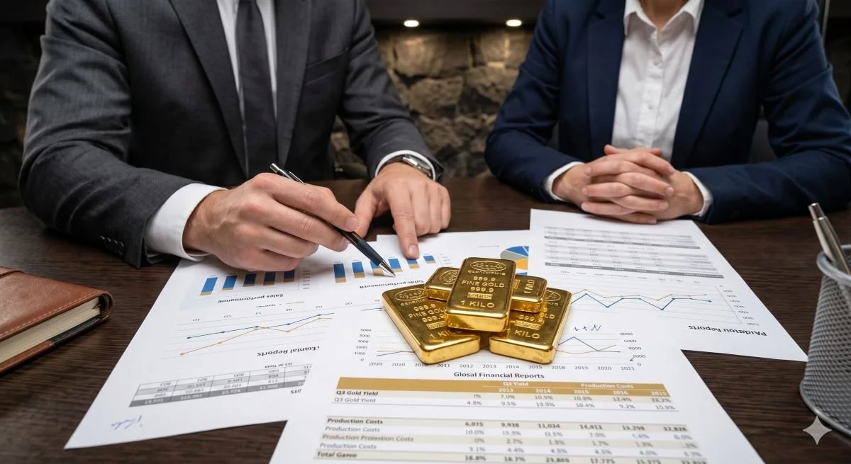 Business consultants in professional attire analyzing financial reports and gold bars to optimize operational margins and profitability.