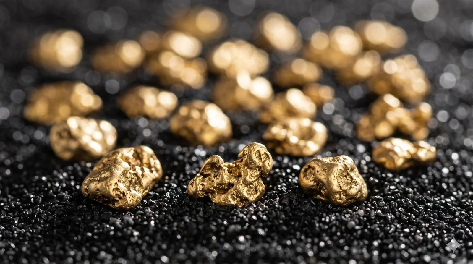 Raw gold nuggets on black sand illustrating high-value customer segmentation and growth marketing science for e-commerce businesses.