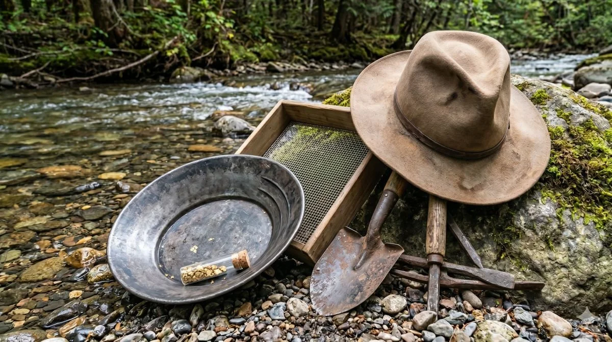 Vintage gold prospecting gear by a creek, symbolizing the natural resource economics approach to refining raw business data into insights.