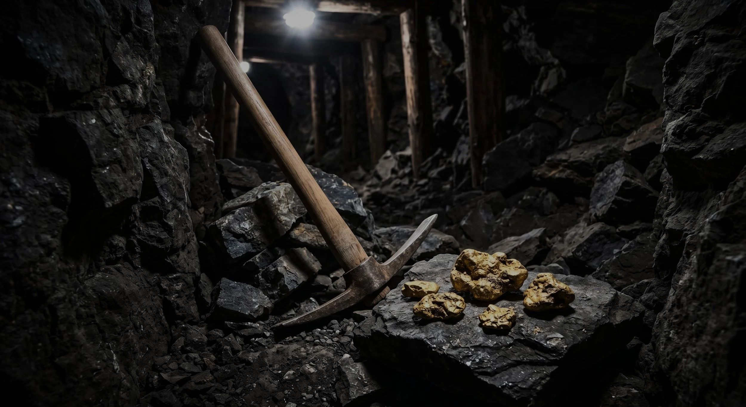 A pickaxe and gold nuggets in a mine, representing the data mining and business intelligence services provided by Good as Gold Analytics.