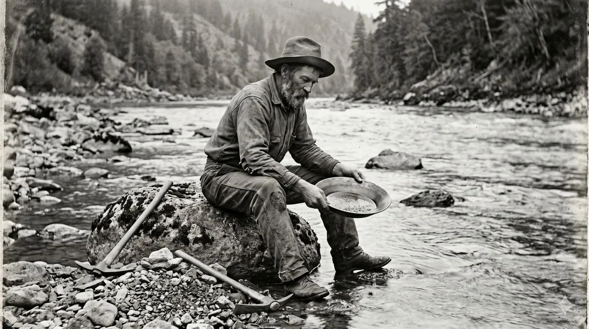 A vintage-style black and white photograph of an expert prospector carefully panning for gold by a rocky river, illustrating the data refinement and strategy services offered by Good as Gold Analytics for mid-market businesses.