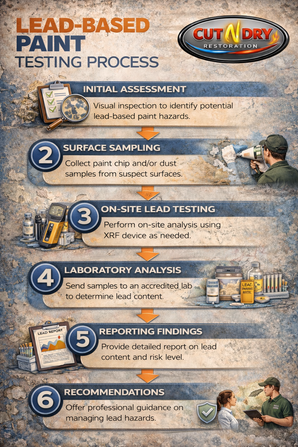 A detailed infographic outlining the lead-based paint testing process, including initial assessment, surface sampling, on-site lead testing, laboratory analysis, reporting findings, and recommendations, with related images such as inspection tools, dust samples, XRF device, laboratory supplies, and professionals discussing safety.