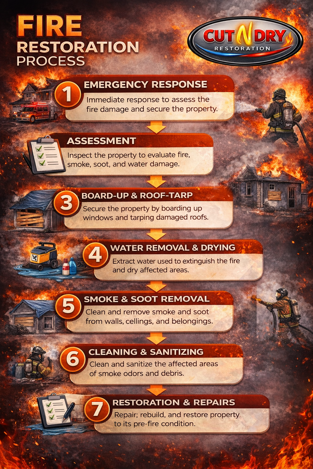 Step-by-step fire restoration process infographic with steps including emergency response, assessment, board-up and roof-tarp, water removal and drying, smoke and soot removal, cleaning and sanitizing, and restoration and repairs. Background features flames and firefighters.