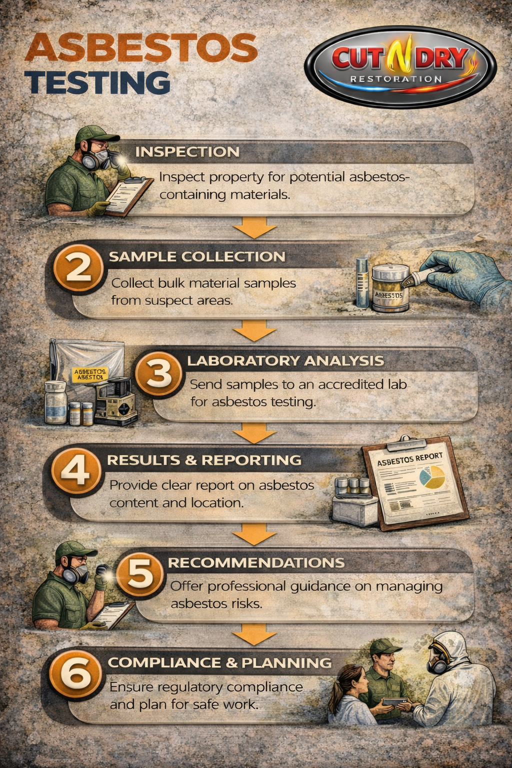 Step-by-step infographic describing asbestos testing process, including inspection, sample collection, laboratory analysis, reporting, recommendations, and compliance, with illustrations of inspectors, lab equipment, and a report.