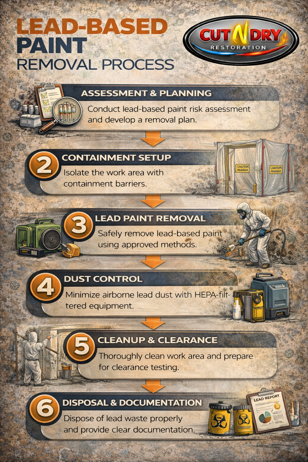 Infographic detailing the lead-based paint removal process, including assessment and planning, containment setup, lead paint removal, dust control, cleanup, and disposal with relevant icons and illustrations.