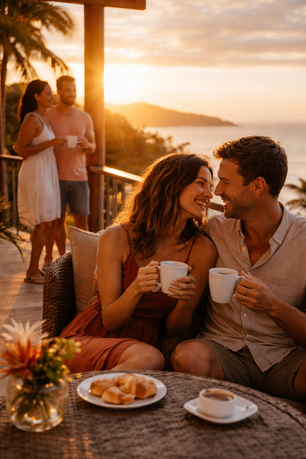 A couple enjoying a cup of coffee, smiling at each other, during a couple's retreat hosted by Our Modern Marriage. In the background, a man and woman stand on a balcony with a scenic ocean sunset view.