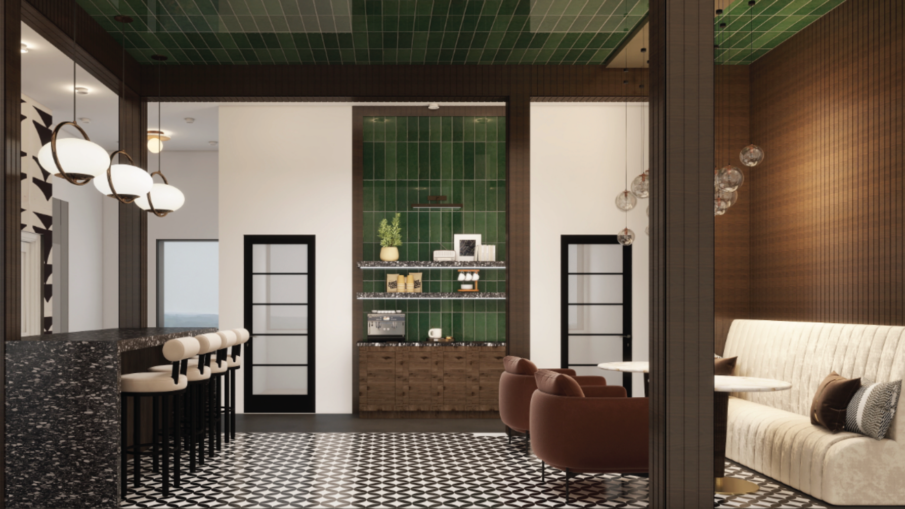Modern cafe interior with black and white patterned floor, bar seating, a green tiled wall with shelves, cozy seating with brown and white furniture, hanging lights, and wooden accents.