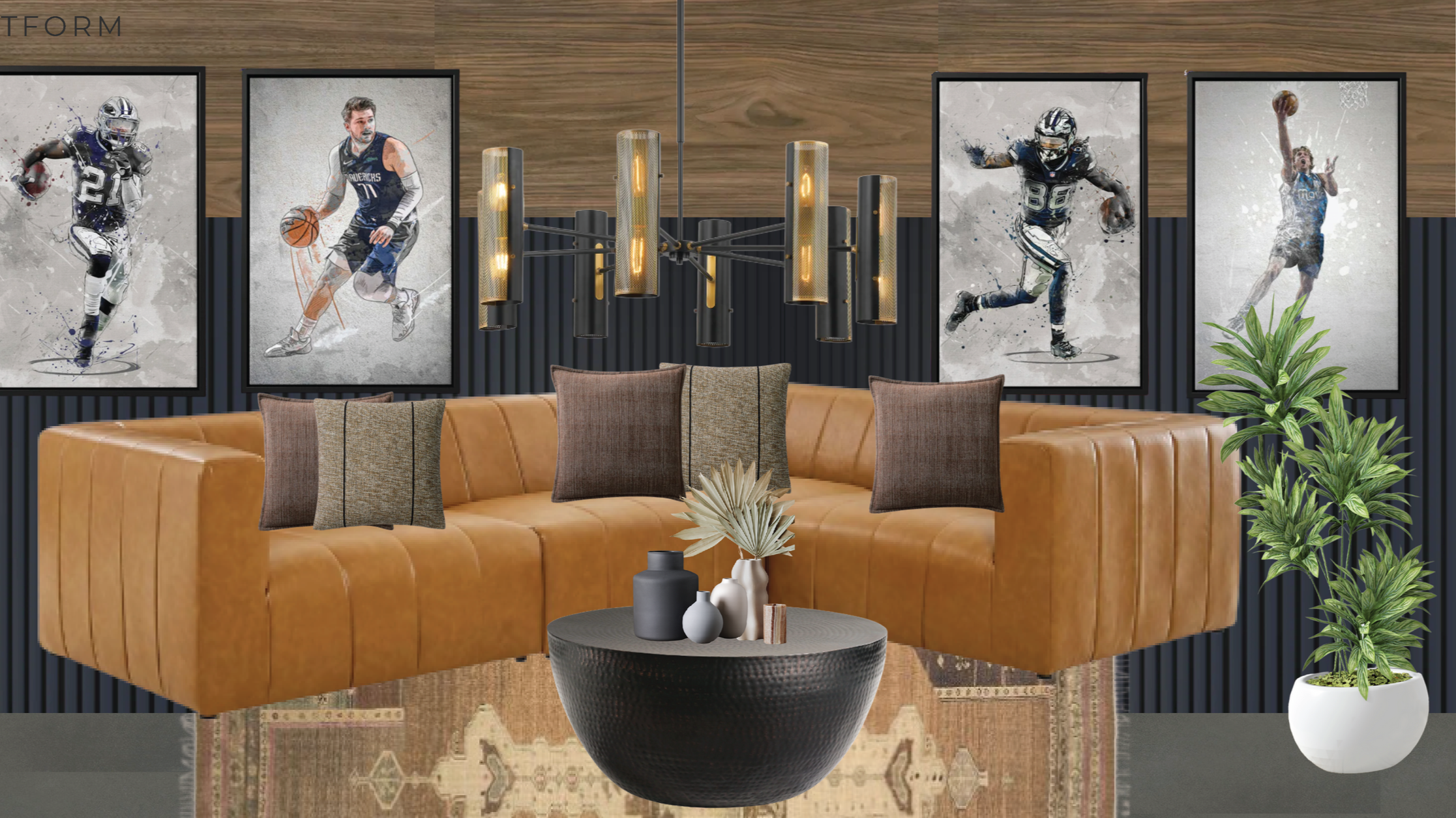 Living room with orange leather sectional sofa, six cushions, black round coffee table with decorative vases and plant, patterned area rug, wall art with five sports-themed posters, modern chandelier with multiple cylindrical lights, potted plant in 