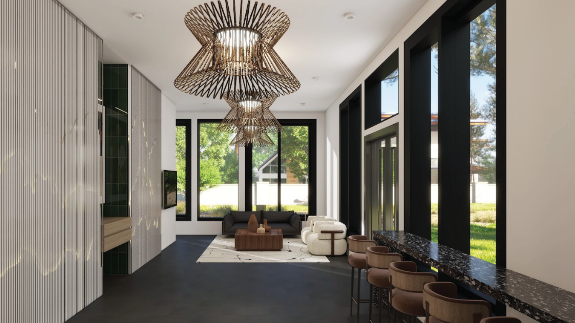 Modern living room with large windows, dark flooring, beige and dark furniture, and hanging wicker light fixtures.
