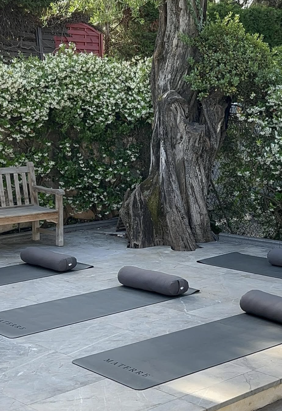 Outdoor yoga mats arranged beneath trees in a garden in Antibes
