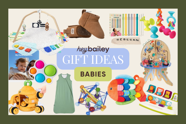 Collage of 10 different baby gift ideas