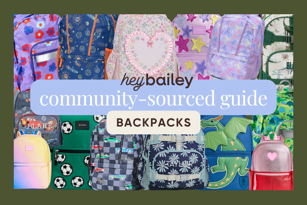 Collage of 13 backpacks of various colors and styles with text overlay saying, "Hey Bailey, community source backpacks guide"