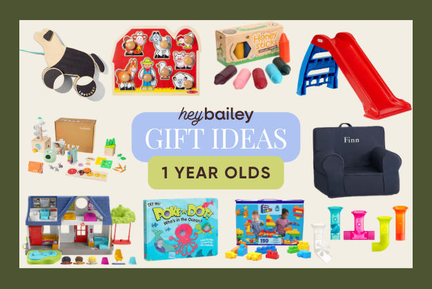 Collage of 10 gift ideas for one year olds