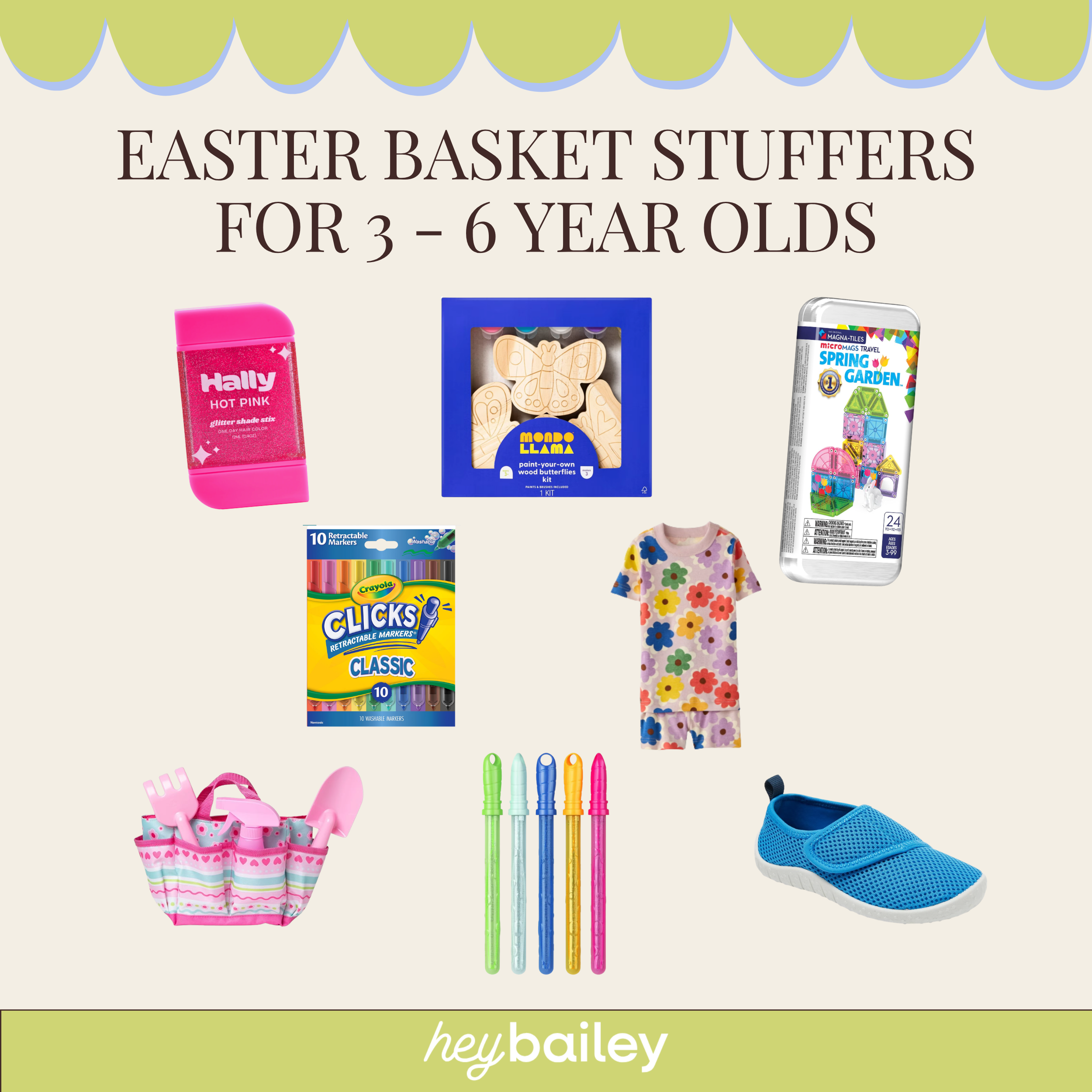 Collage image of Easter basket stuffers for 3 - 6 year olds