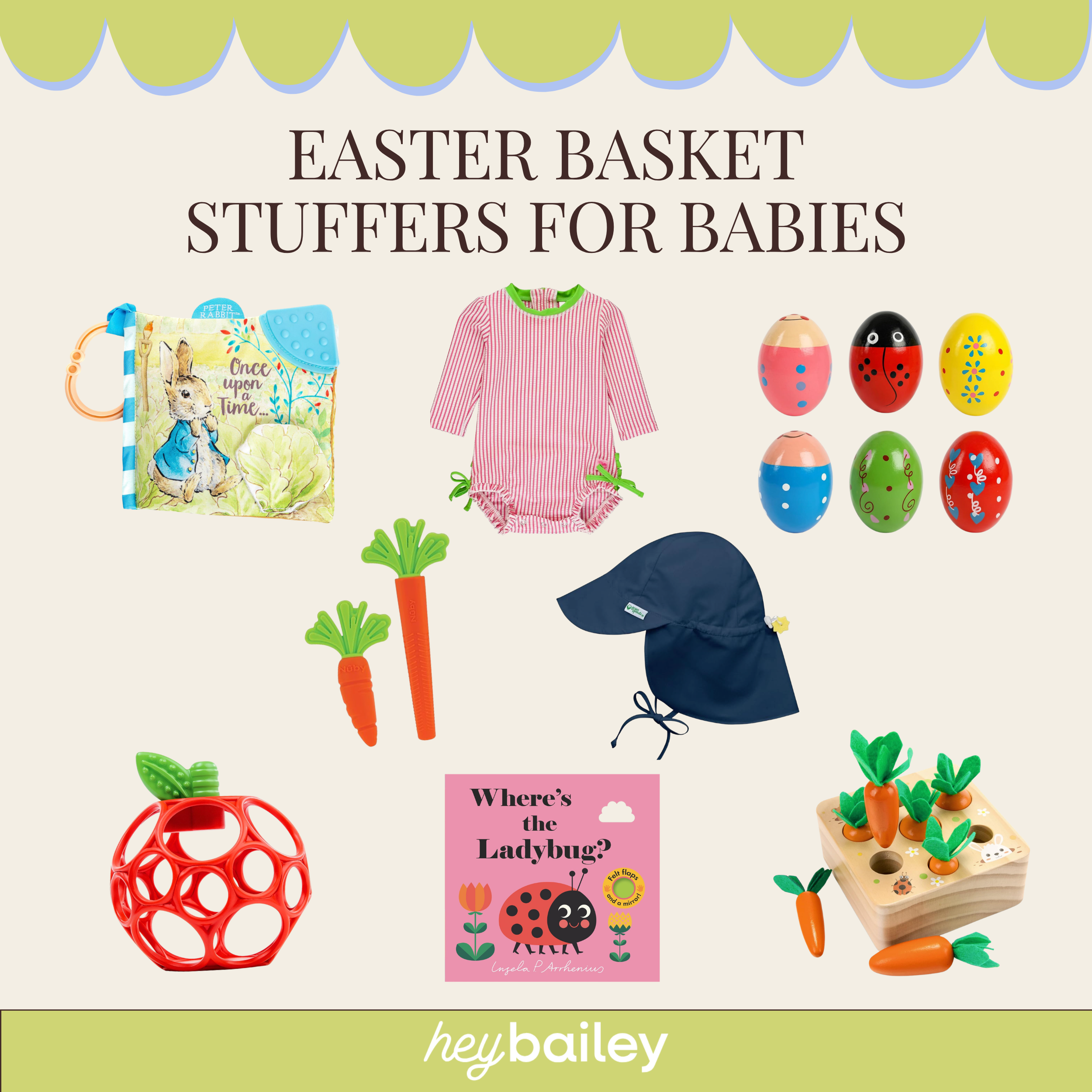 Collage of Easter basket stuffers for babies, including books, hat, wooden rattlers, teethers, and soft book