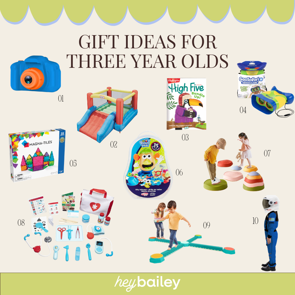 Gift ideas for three year olds featuring 10 products including a kids digital camera, Little Tikes inflatable bounce house with slide, Highlights High Five children's magazine subscription, GeoSafari Kidnoculars binoculars, and Magna-Tiles