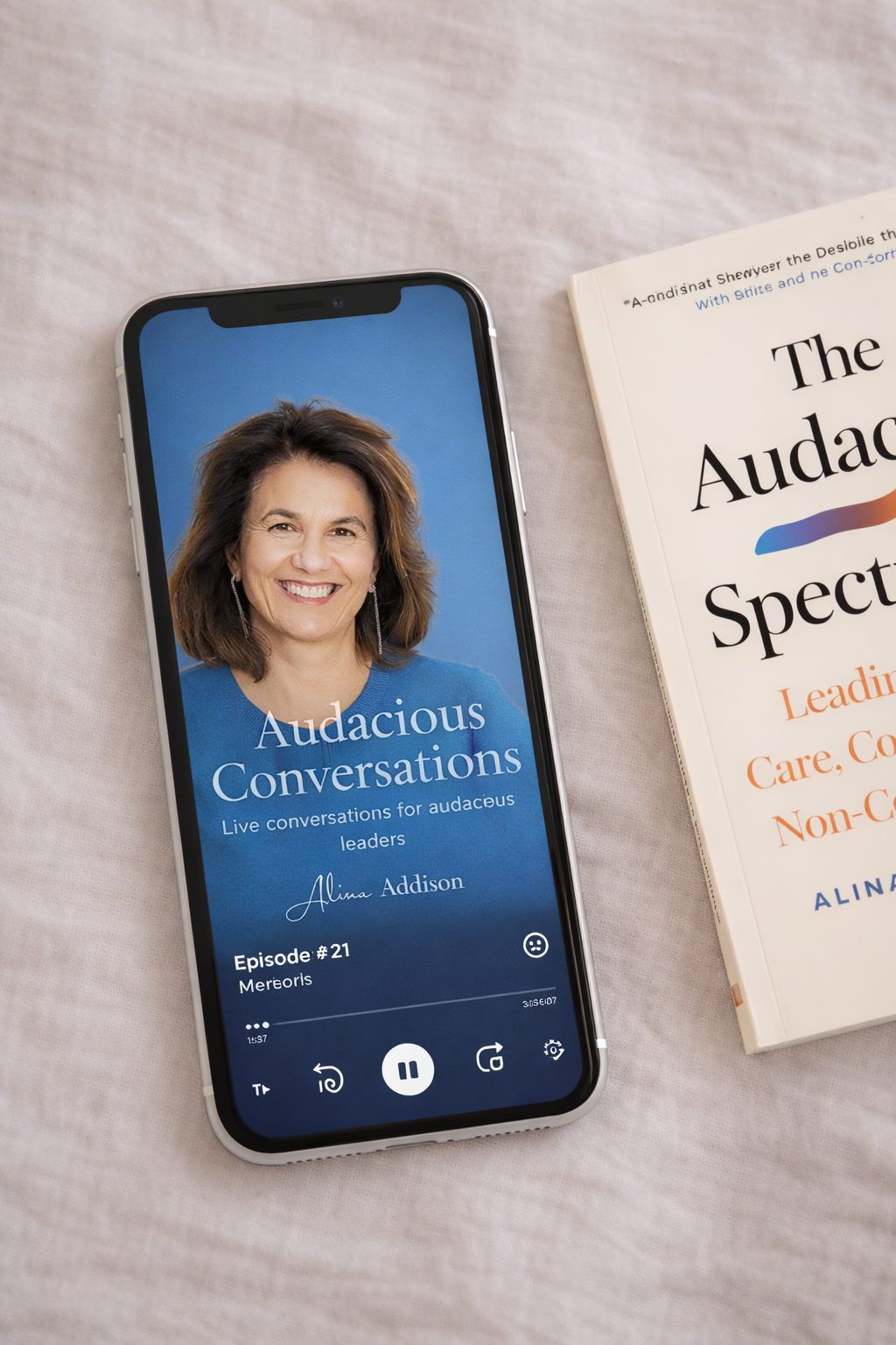 Audacious Conversations podcast artwork featuring Alina Addison, alongside The Audacity Spectrum book