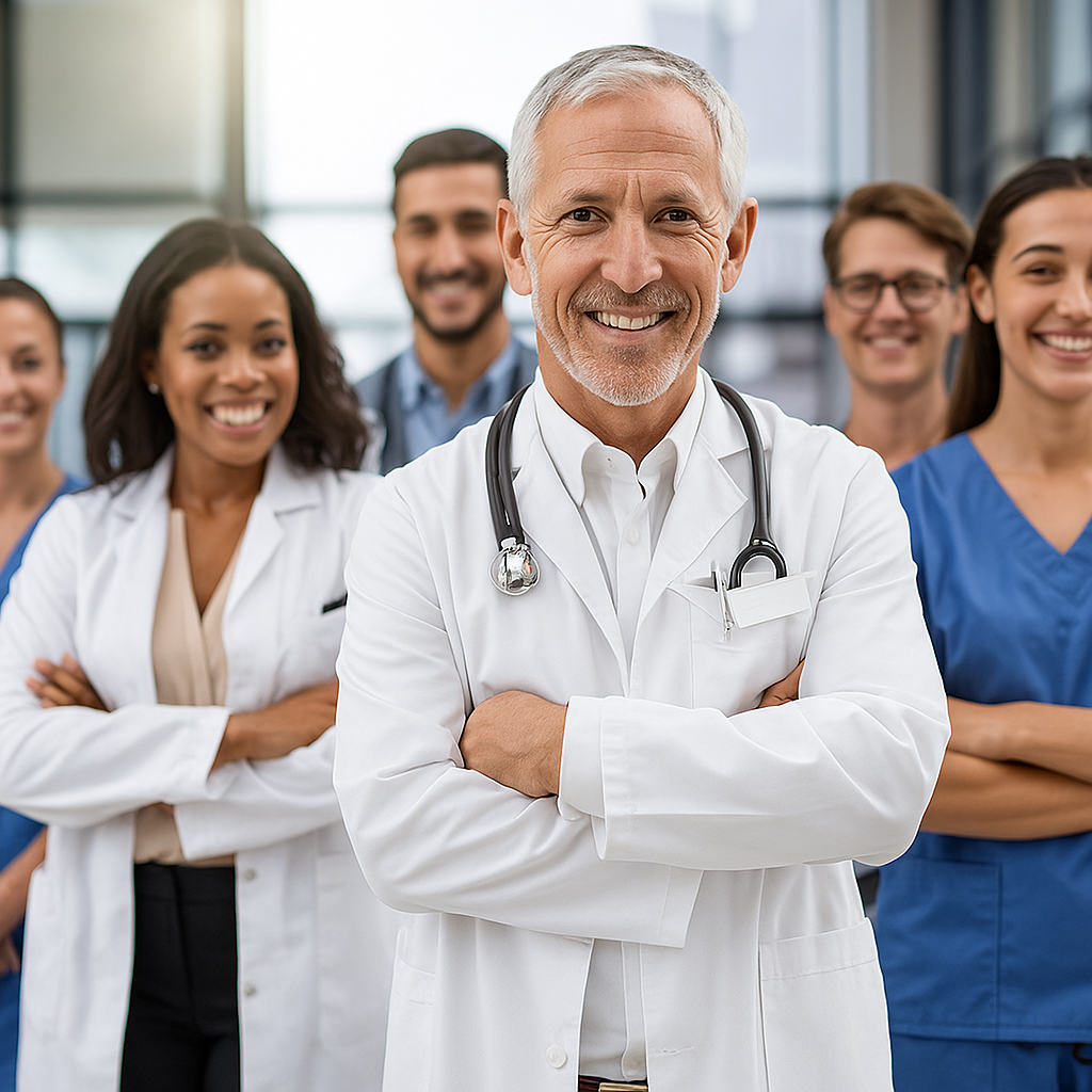 Une équipe de professionnels de la santé, dont un médecin au centre avec un stéthoscope, souriant, dans un environnement médical