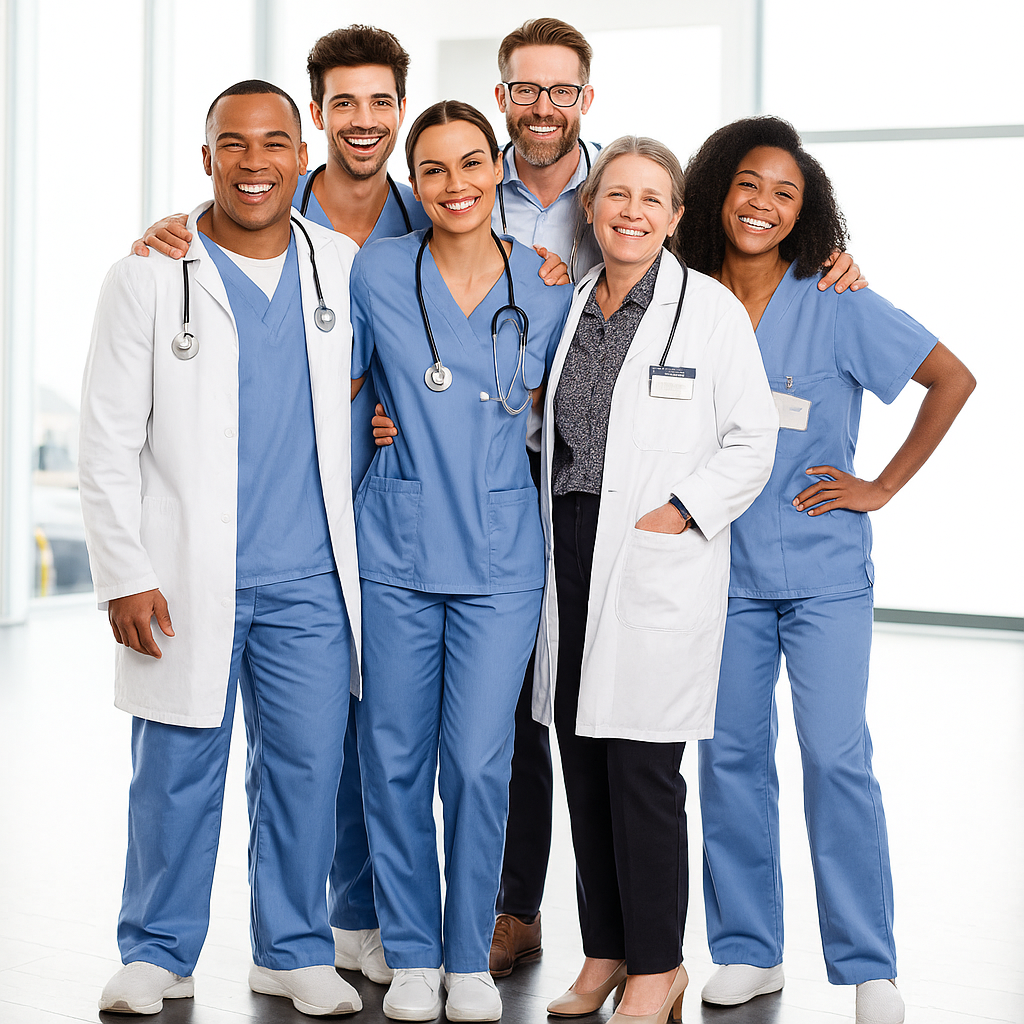 Groupe de professionnels de la santé en uniforme médical posant et souriant dans un hôpital.