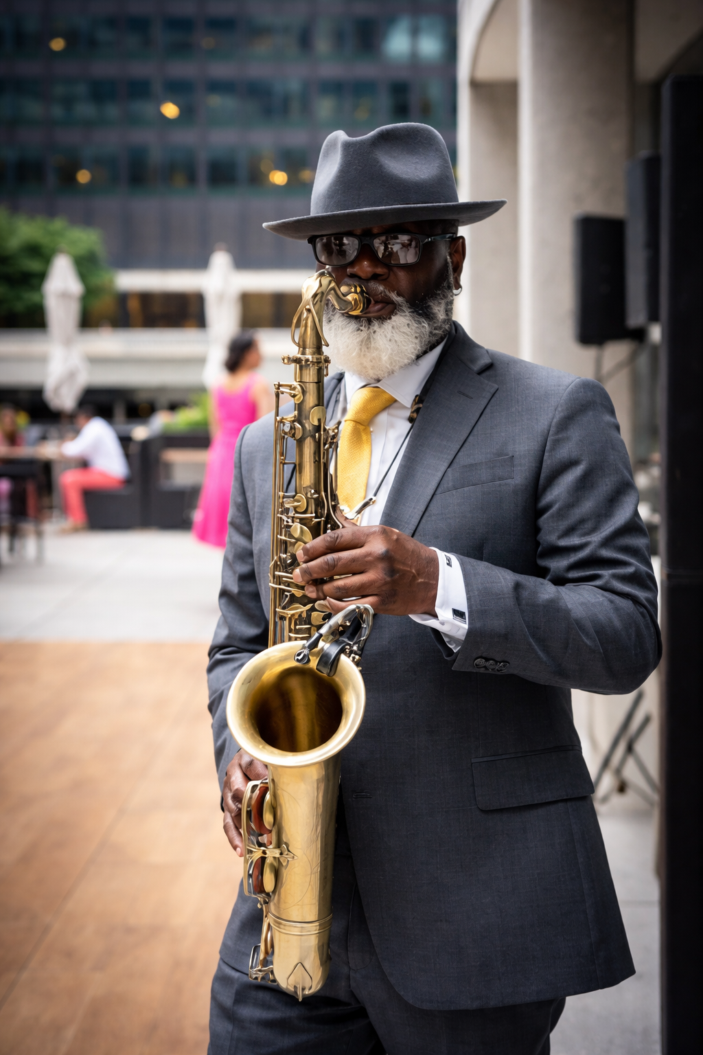 A professional saxophonist performing live at an outdoor  event.