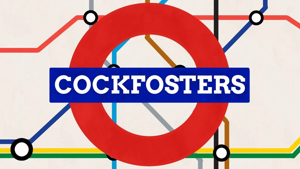 A graphic design featuring a red circle with the word "COCKFOSTERS" in white text on a blue background, with colorful subway-style line maps in the background.
