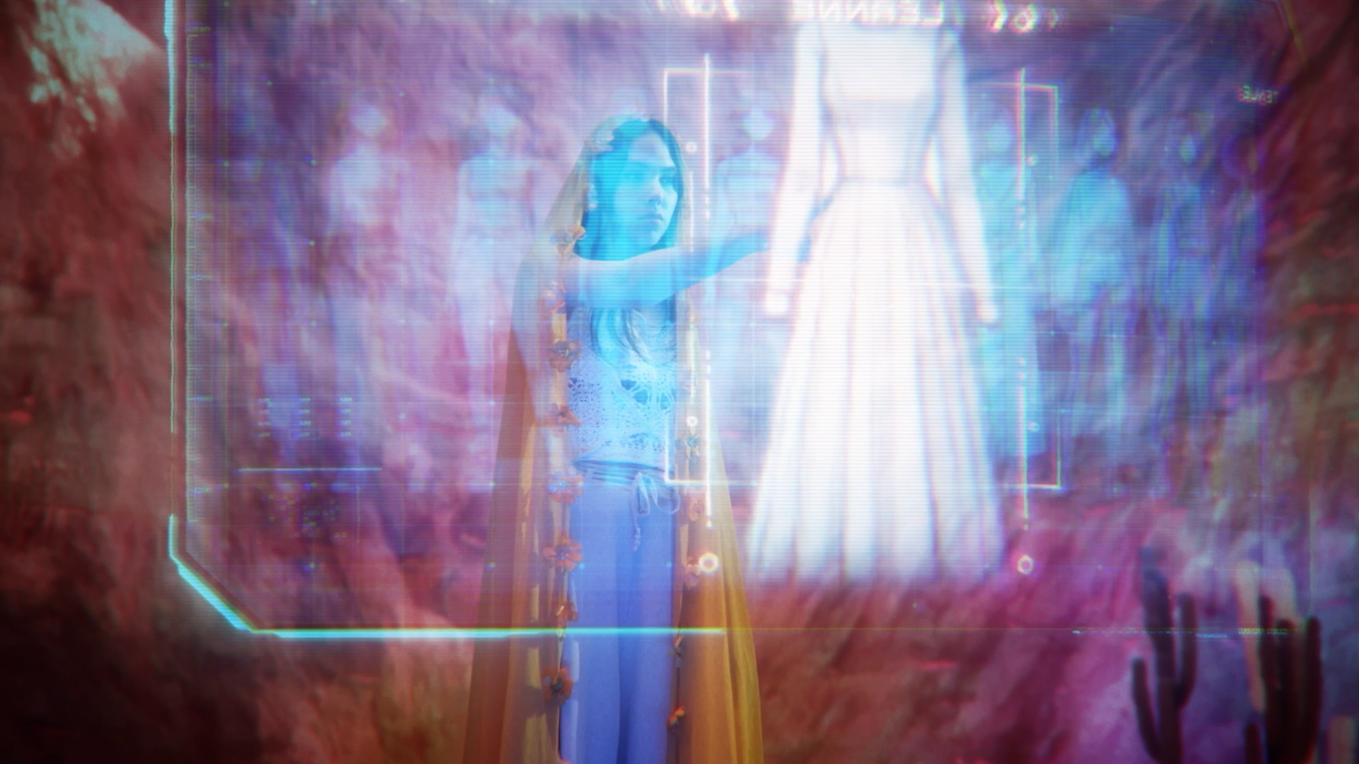 Une jeune fille regarde une projection holographique de l'anatomie humaine en salle d'apprentissage. La projection montre une silhouette humaine avec des détails anatomiques en couleurs vives.