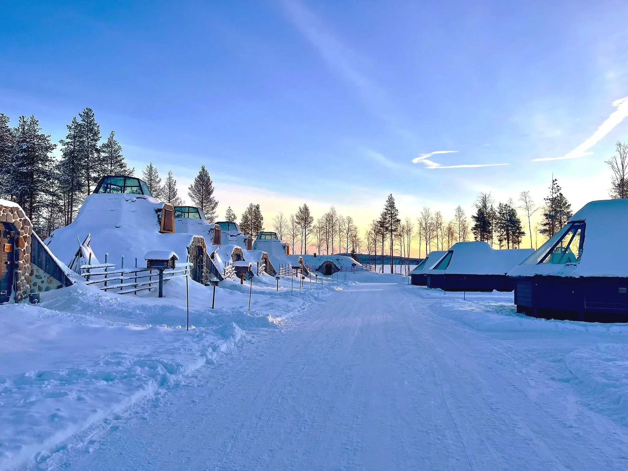 Snow-covered Lapland igloos on a winter landscape with a clear sky and leafless trees in the background.