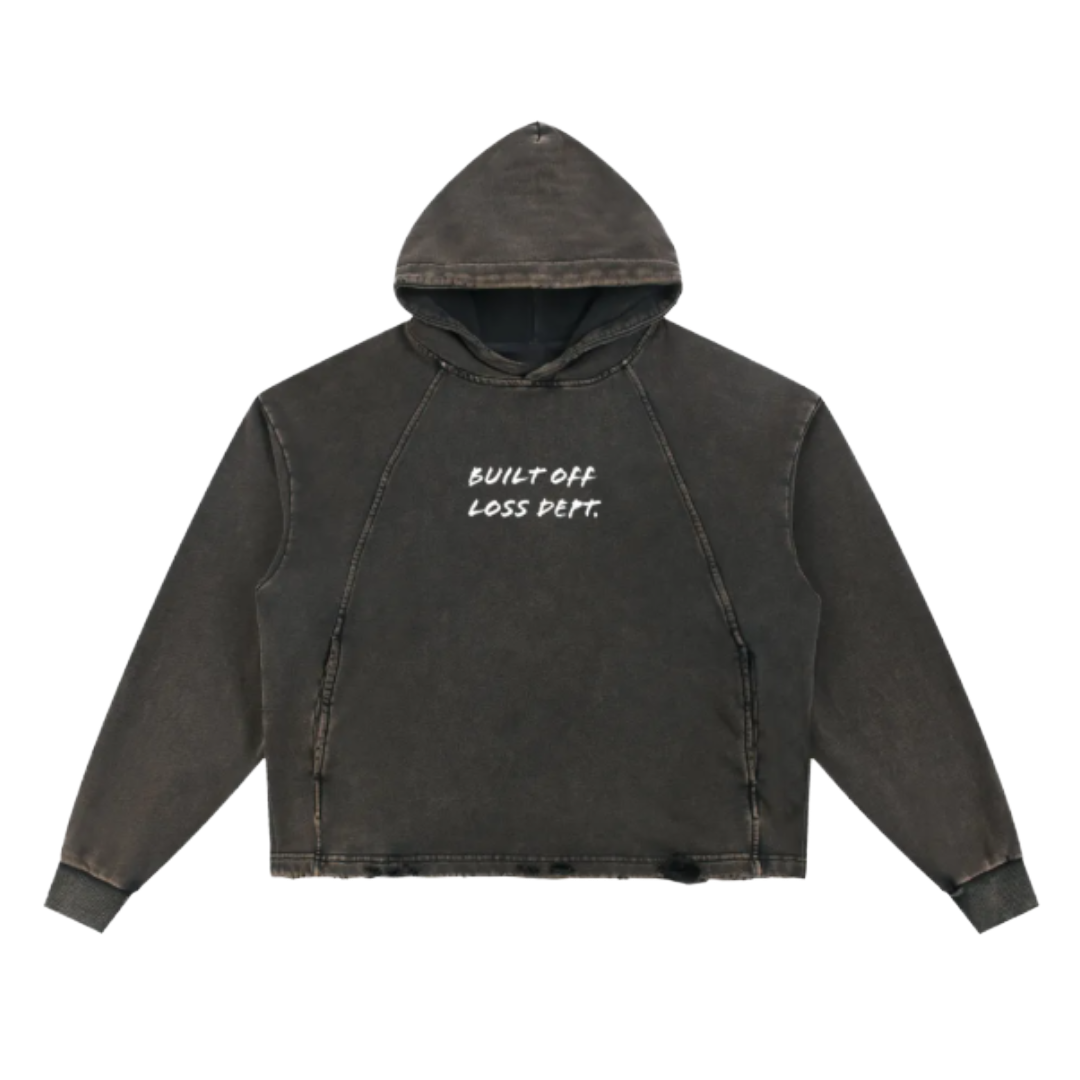 Black hoodie with white text saying "Built Off Loss Dept."