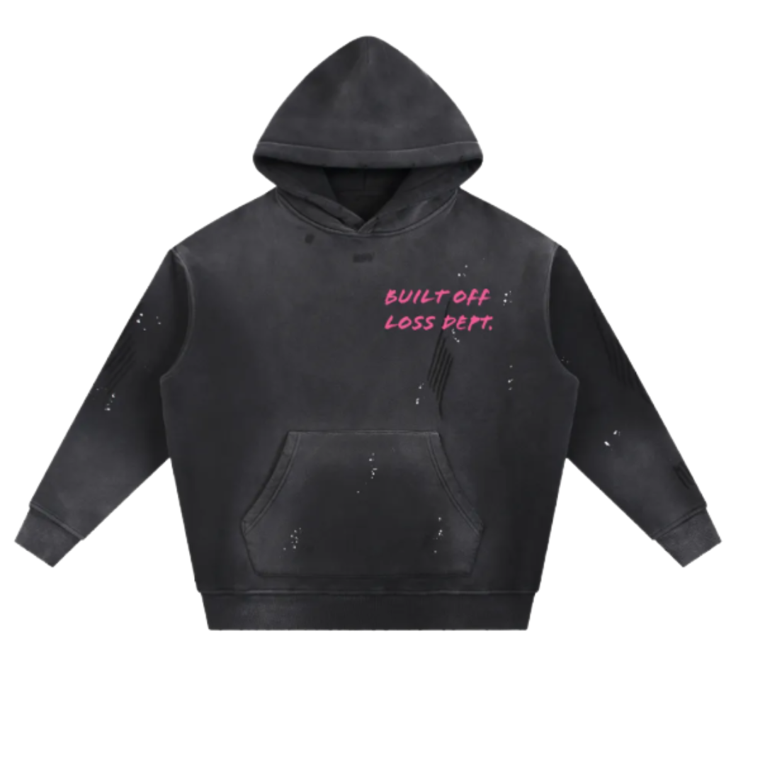 Black hoodie with pink text reading 'Built Off Loss Dept.' and distressed details.
