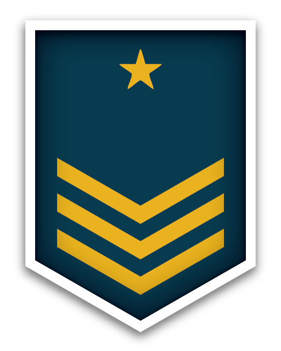 Site button showing a Navy rank insignia with three gold chevrons and a gold star pointing downward on a shield-shaped dark blue background, bordered by white.