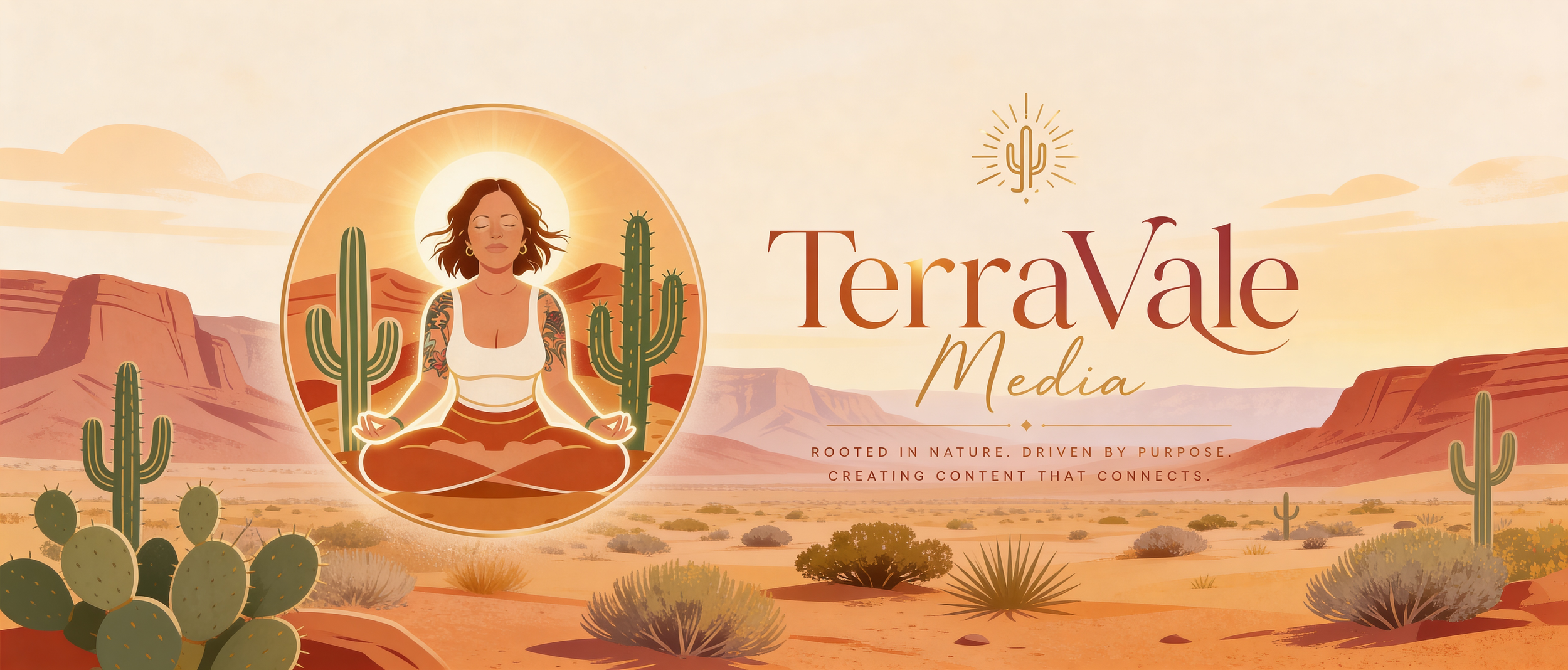 Illustration of a woman meditating in a desert landscape with cacti and mountains in the background, accompanying the text 'TerraVale Media' and the tagline 'Rooted in nature. Driven by purpose. Creating content that connects.'