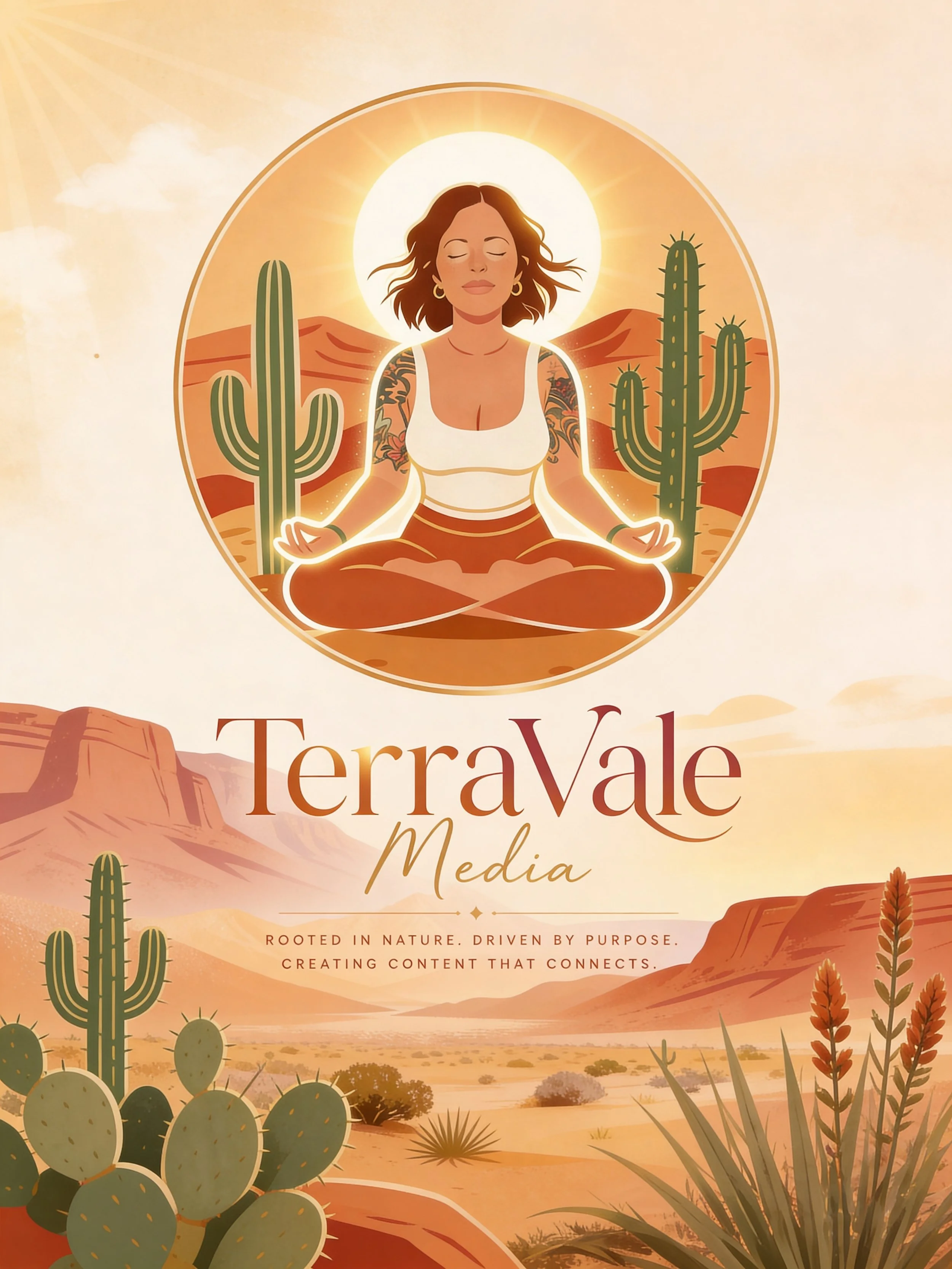 Illustration of a woman meditating in a desert landscape with cacti and mountains, sun shining behind her, and the text 'TerraVélo Media' and 'Rooted in Nature. Driven by Purpose. Creating Content That Connects.'