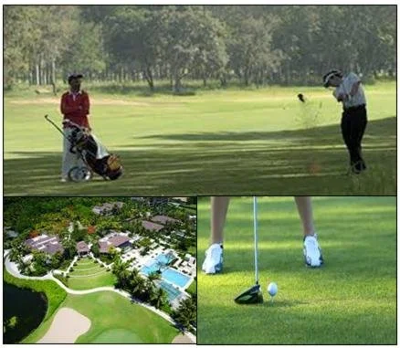Une femme joue au golf sur un parcours verdoyant, avec un chariot à côté d'elle, et une vue aérienne d'un complexe de golf avec piscine, ainsi qu'une close de près avec une balle de golf et un tee.