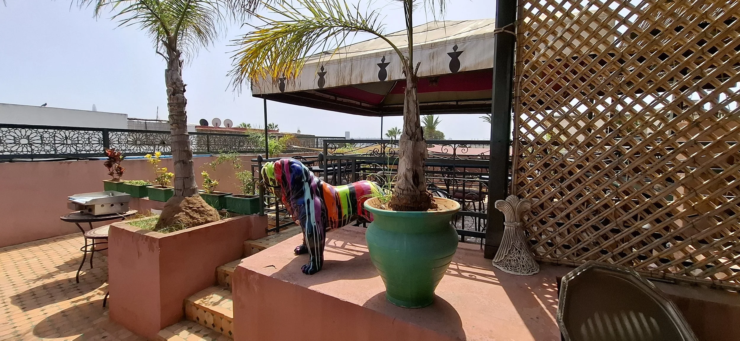 Terrasse en plein air avec deux grands palmiers en pot, mobilier de jardin et un parasol, décorée avec des plantes en pot et une statue en forme de cheval.