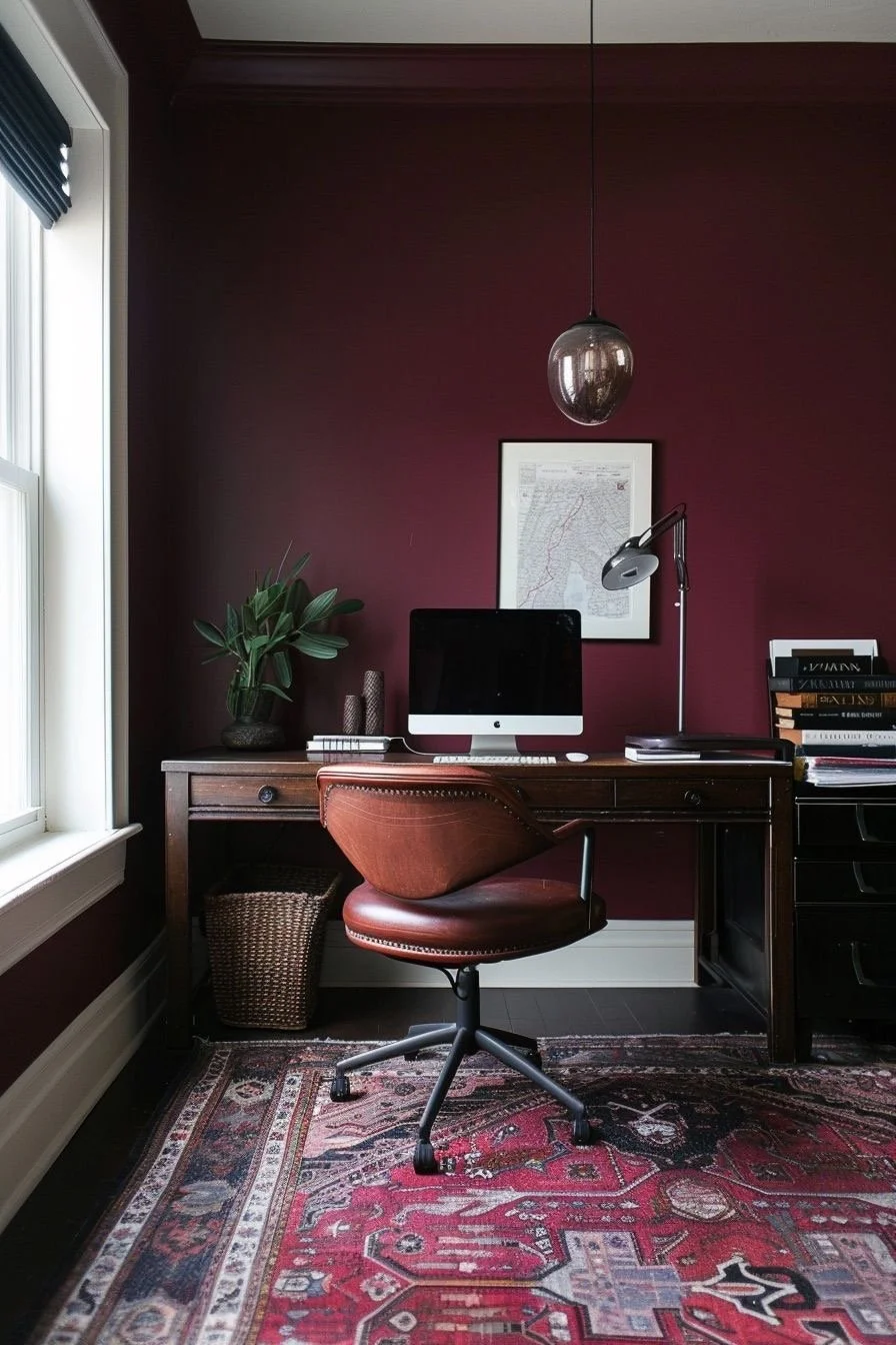 Home office with a wooden desk against a dark red wall, featuring a desktop computer, a modern desk lamp, a potted plant, and a framed map. A swivel chair with leather upholstery is in front of the desk, and a patterned rug covers the floor. Natural light enters through a nearby window.